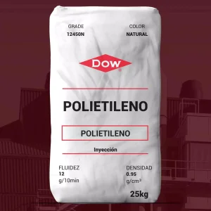 Nombre del producto: PE-HDPE 12450N -DOW Marca: Dow Categoría: Polietileno Color: Natural Tamaño: 25 kg Atributos del producto: - Fluidez: 12 g/10 min - Densidad: 0.95 g/cm³ Uso y funcionalidad: - Diseño para inyección, ideal para aplicaciones de moldeo. - Utilizado en la fabricación de cajas de almacenamiento y contenedores industriales. Características técnicas: - Resina de polietileno de alta densidad. - Excelentes propiedades de impacto y dureza. Transcripción de texto visible: - "POLIETILENO" - "Inyección" - "FLUIDEZ 12 g/10min" - "DENSIDAD 0.95 g/cm³" - "25kg" Elementos diferenciadores: - Suministrado en forma de bolsa de 25 kg, adecuado para el manejo industrial.