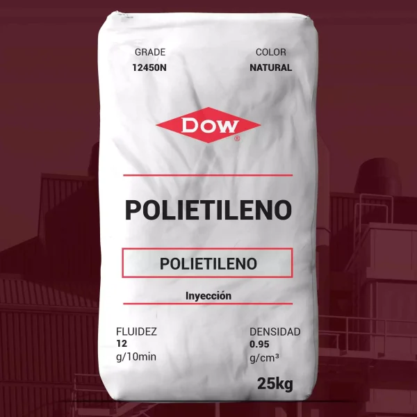 Nombre del producto: PE-HDPE 12450N -DOW Marca: Dow Categoría: Polietileno Color: Natural Tamaño: 25 kg Atributos del producto: - Fluidez: 12 g/10 min - Densidad: 0.95 g/cm³ Uso y funcionalidad: - Diseño para inyección, ideal para aplicaciones de moldeo. - Utilizado en la fabricación de cajas de almacenamiento y contenedores industriales. Características técnicas: - Resina de polietileno de alta densidad. - Excelentes propiedades de impacto y dureza. Transcripción de texto visible: - "POLIETILENO" - "Inyección" - "FLUIDEZ 12 g/10min" - "DENSIDAD 0.95 g/cm³" - "25kg" Elementos diferenciadores: - Suministrado en forma de bolsa de 25 kg, adecuado para el manejo industrial.