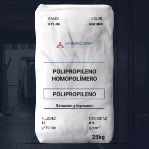 Nombre del producto: PP - HOPP - MFI12 - AMERICORP - H12-IM Categoría: Polipropileno Marca: AMERICORP Color: Natural Uso: Extrusión y Inyección Peso: 25 kg Propiedades nominales: - Fluidez: 12 g/10 min - Densidad: 0.9 g/cm³ Características técnicas: - Material: Polipropileno Homopolímero - Aplicaciones: Molding general, muebles de resina, cierres, productos de consumo - Cumple con normas de la FDA según 21 CFR 177.1520 Diferenciadores: - Excelente estabilidad de color y procesamiento - Buenas características de flujo - Propiedades organolépticas excelentes