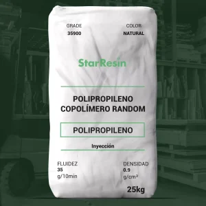 Nombre del producto: PP- CoPP MFI 35- STAR RESIN- 35900 Categoría: Polipropileno Marca: StarResin Atributos del producto: - Material: Polipropileno copolímero random - Color: Natural - Tamaño/Capacidad: 25 kg - Fluidez: 35 g/10 min - Densidad: 0.9 g/cm³ Aspectos técnicos: - Índice de fusión (MI2): 35 g/10 min (D 1238) - Densidad: 0.90 g/cm³ (D 1505) - Rango de temperatura de fusión: 293-306 °F (D 3418) - Resistencia a la tracción en rendimiento: 3900 psi (D 638) - Alargamiento en rendimiento: 11% (D 638) - Módulo de flexión (1% secante): 143 kpsi (D 790) - Temperatura de deflexión a 66 psi: 185 °F (D 648) - Dureza Rockwell: 80 R (D 785) - Impacto Izod notado a 23 °C: 1.0 ft.lb/in. (D 256) - Impacto Gardner a 23 °C: > 320 in-ln (D 5420) Aplicaciones de moldeo por inyección: - Productos de consumo - Empaques para alimentos Notas: - Este resin es nucleado - Contiene agente antistático - Producido sin componentes animales ni ftalatos