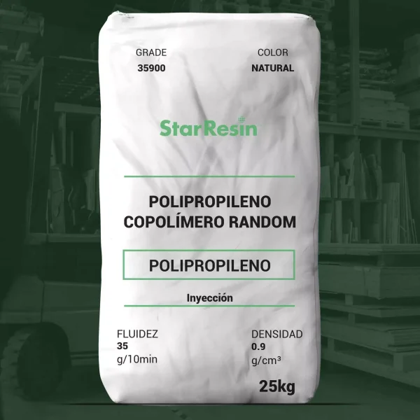 Nombre del producto: PP- CoPP MFI 35- STAR RESIN- 35900 Categoría: Polipropileno Marca: StarResin Atributos del producto: - Material: Polipropileno copolímero random - Color: Natural - Tamaño/Capacidad: 25 kg - Fluidez: 35 g/10 min - Densidad: 0.9 g/cm³ Aspectos técnicos: - Índice de fusión (MI2): 35 g/10 min (D 1238) - Densidad: 0.90 g/cm³ (D 1505) - Rango de temperatura de fusión: 293-306 °F (D 3418) - Resistencia a la tracción en rendimiento: 3900 psi (D 638) - Alargamiento en rendimiento: 11% (D 638) - Módulo de flexión (1% secante): 143 kpsi (D 790) - Temperatura de deflexión a 66 psi: 185 °F (D 648) - Dureza Rockwell: 80 R (D 785) - Impacto Izod notado a 23 °C: 1.0 ft.lb/in. (D 256) - Impacto Gardner a 23 °C: > 320 in-ln (D 5420) Aplicaciones de moldeo por inyección: - Productos de consumo - Empaques para alimentos Notas: - Este resin es nucleado - Contiene agente antistático - Producido sin componentes animales ni ftalatos