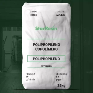 Nombre del producto: PP - COPP - MFI20 - STAR RESIN - PPC IMPACTO COPP 20900 Marca: StarResin Categoría: Polipropileno Características del producto: - Material: Polipropileno Copolímero - Color: Natural - Tamaño del envase: 25 kg Propiedades técnicas: - Fluidez: 20 g/10 min - Densidad: 0.9 g/cm³ Uso y funcionalidad: - Proceso de fabricación: Inyección - Aplicaciones: Interiores de automóviles, productos de consumo, artículos duraderos y menaje Estado FDA: Este resina cumple con la regulación FDA 21 CFR 177.1520 (c)3.1a Elementos técnicos: - Presenta un diseño de bolsa estándar para almacenamiento y manejo. - Usos recomendados más allá del ámbito alimentario solo en condiciones específicas. Diferenciadores: - Alta resistencia y durabilidad apta para diversos sectores industriales.