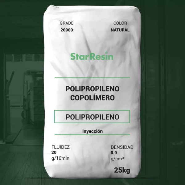 Nombre del producto: PP - COPP - MFI20 - STAR RESIN - PPC IMPACTO COPP 20900 Marca: StarResin Categoría: Polipropileno Características del producto: - Material: Polipropileno Copolímero - Color: Natural - Tamaño del envase: 25 kg Propiedades técnicas: - Fluidez: 20 g/10 min - Densidad: 0.9 g/cm³ Uso y funcionalidad: - Proceso de fabricación: Inyección - Aplicaciones: Interiores de automóviles, productos de consumo, artículos duraderos y menaje Estado FDA: Este resina cumple con la regulación FDA 21 CFR 177.1520 (c)3.1a Elementos técnicos: - Presenta un diseño de bolsa estándar para almacenamiento y manejo. - Usos recomendados más allá del ámbito alimentario solo en condiciones específicas. Diferenciadores: - Alta resistencia y durabilidad apta para diversos sectores industriales.