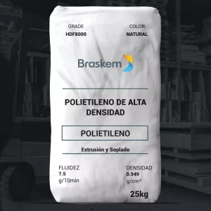 Nombre del producto: HDF8000 Categoría: Polietileno Marca: Braskem Color: Natural Tamaño: 25 kg Características técnicas: - Fluidez: 7.5 g/10min - Densidad: 0.949 g/cm³ Descripción: Polietileno de alta densidad, diseñado para procesos de extrusión y soplado. Aplicaciones: Utilizado en la fabricación de películas delgadas de alta velocidad. Almacenamiento: Mantener en condiciones adecuadas para preservar las propiedades del material. Advertencias: No recomendado para envases destinados al contacto con soluciones parenterales o el cuerpo humano. Notas adicionales: Consultar la hoja de datos de seguridad antes de su uso.