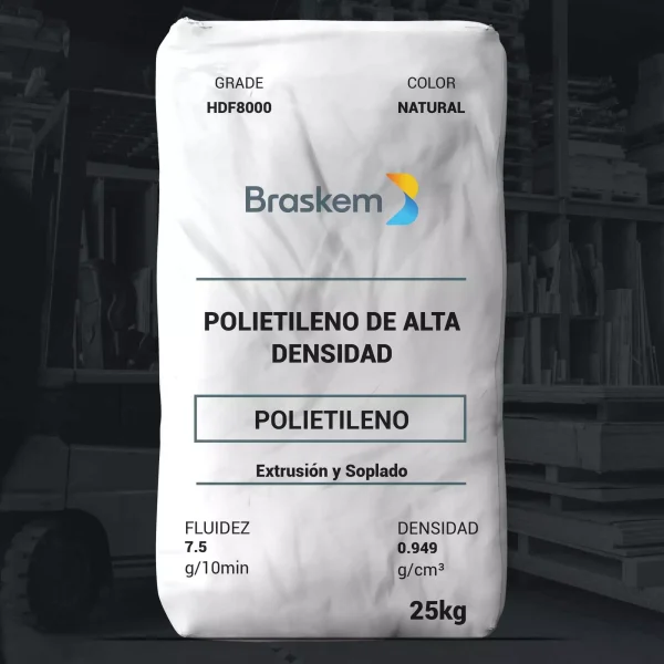 Nombre del producto: HDF8000 Categoría: Polietileno Marca: Braskem Color: Natural Tamaño: 25 kg Características técnicas: - Fluidez: 7.5 g/10min - Densidad: 0.949 g/cm³ Descripción: Polietileno de alta densidad, diseñado para procesos de extrusión y soplado. Aplicaciones: Utilizado en la fabricación de películas delgadas de alta velocidad. Almacenamiento: Mantener en condiciones adecuadas para preservar las propiedades del material. Advertencias: No recomendado para envases destinados al contacto con soluciones parenterales o el cuerpo humano. Notas adicionales: Consultar la hoja de datos de seguridad antes de su uso.