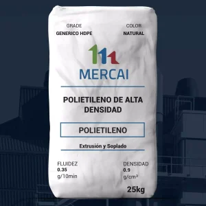 Nombre del producto: PE - HDPE - MFI0.35 - MERCAI - GENERICO HDPE Marca: MERCAI Categoría: Polietileno Atributos del producto: - Material: Polietileno de alta densidad (HDPE) - Color: Natural - Tamaño: 25 kg Características técnicas: - Fluidez: 0.35 g/10 min - Densidad: 0.9 g/cm³ Detalles funcionales: - Uso: Extrusión y soplado No se observaron conectores, botones ni características diferenciadoras visibles adicionales. Transcripción de texto visible: - GRADO: GENERICO HDPE - COLOR: NATURAL - POLIETILENO DE ALTA DENSIDAD - POLIETILENO - 25 kg