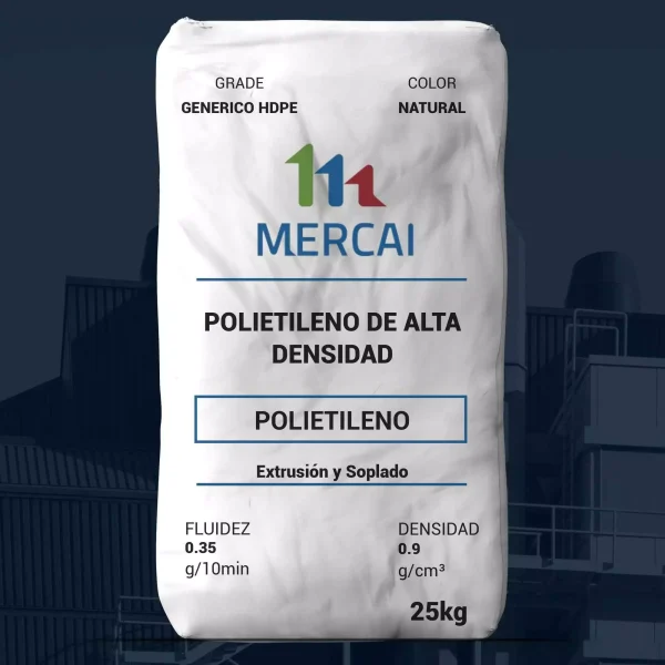 Nombre del producto: PE - HDPE - MFI0.35 - MERCAI - GENERICO HDPE Marca: MERCAI Categoría: Polietileno Atributos del producto: - Material: Polietileno de alta densidad (HDPE) - Color: Natural - Tamaño: 25 kg Características técnicas: - Fluidez: 0.35 g/10 min - Densidad: 0.9 g/cm³ Detalles funcionales: - Uso: Extrusión y soplado No se observaron conectores, botones ni características diferenciadoras visibles adicionales. Transcripción de texto visible: - GRADO: GENERICO HDPE - COLOR: NATURAL - POLIETILENO DE ALTA DENSIDAD - POLIETILENO - 25 kg