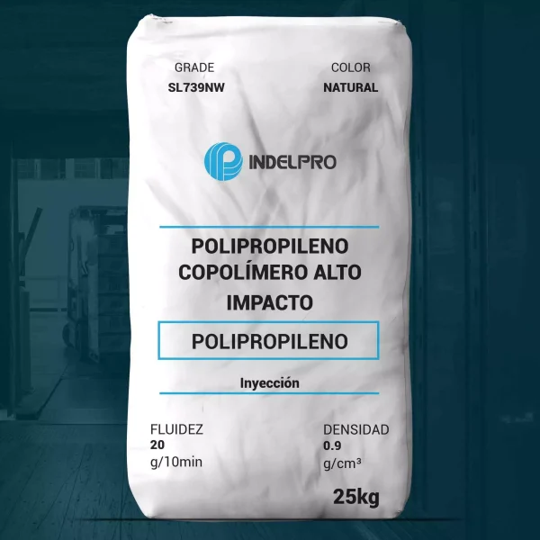Nombre del producto: PP - IMPACTO - MFI20 - INDELPRO - SL739NW Categoría: Polipropileno Marca: INDELPRO Color: Natural Presentación: Bolsa de 25 kg Características del producto: - Tipo: Copolímero de polipropileno alto impacto - Fluidez: 20 g/10 min - Densidad: 0.9 g/cm³ Aplicaciones típicas: - Housewares - Electrodomésticos - Juguetes Detalles técnicos: - Exhibe propiedades de antistático - Buena resistencia al impacto a bajas temperaturas - Excelente estabilidad dimensional - Buen equilibrio entre rigidez e impacto Clasificación de inflamabilidad: UL tarjeta amarilla 94 HB (mínima de 1.5 mm) Notas de seguridad: - Requiere protección al procesar material (gafas y guantes) - Manipular con cuidado en condiciones de alta temperatura - Almacenamiento recomendado: evitar exposición directa al sol y alta humedad Instrucciones de manejo: - Equipos de transporte deben prevenir acumulación de polvo - Almacenamiento en condiciones controladas para evitar condensación Información adicional: - Cumple con los requisitos de la FDA en 21 CFR 177.1520 - Esta información no sustituye el análisis propio ni garantiza propiedades específicas.
