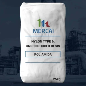 Nombre del producto: Nylon Type 6, Unreinforced Resin Categoría: Poliamida Marca: Mercai Material: Nylon Color: Blanco (bolsa) Tamaño: 25 kg Características técnicas: - Tipo de material: Poliamida - No reforzado Funcionalidad: Este producto se utiliza en aplicaciones industriales y de fabricación que requieren un material versátil y resistente. Texto visible: - "MERCai" - "NYLON TYPE 6, UNREINFORCED RESIN" - "POLIAMIDA" - "25kg" Diferenciadores: Producto específico de nylon tipo 6, enfatizando que es sin refuerzo.