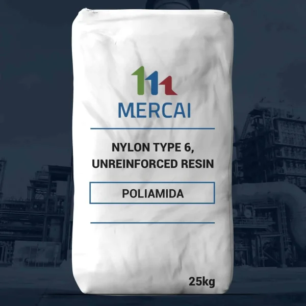 Nombre del producto: Nylon Type 6, Unreinforced Resin Categoría: Poliamida Marca: Mercai Material: Nylon Color: Blanco (bolsa) Tamaño: 25 kg Características técnicas: - Tipo de material: Poliamida - No reforzado Funcionalidad: Este producto se utiliza en aplicaciones industriales y de fabricación que requieren un material versátil y resistente. Texto visible: - "MERCai" - "NYLON TYPE 6, UNREINFORCED RESIN" - "POLIAMIDA" - "25kg" Diferenciadores: Producto específico de nylon tipo 6, enfatizando que es sin refuerzo.