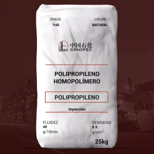 Nombre del producto: PP - HOPP - MFI40 - SINOPEC - PPH Y40 Categoría: Polipropileno Características del producto: - Grado: Y40 - Color: Natural - Material: Polipropileno homopolímero Especificaciones técnicas: - Fluidez: 40 g/10min - Densidad: 0.9 g/cm³ - Aplicación: Inyección Información adicional: - Distribución de peso molecular estrecha - Bajo contenido de cenizas - Buen hilado Aplicaciones típicas: - Fibras Fabricante: Sinopec Peso del paquete: 25 kg