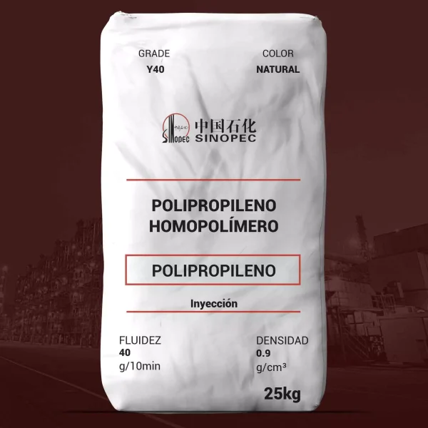 Nombre del producto: PP - HOPP - MFI40 - SINOPEC - PPH Y40 Categoría: Polipropileno Características del producto: - Grado: Y40 - Color: Natural - Material: Polipropileno homopolímero Especificaciones técnicas: - Fluidez: 40 g/10min - Densidad: 0.9 g/cm³ - Aplicación: Inyección Información adicional: - Distribución de peso molecular estrecha - Bajo contenido de cenizas - Buen hilado Aplicaciones típicas: - Fibras Fabricante: Sinopec Peso del paquete: 25 kg