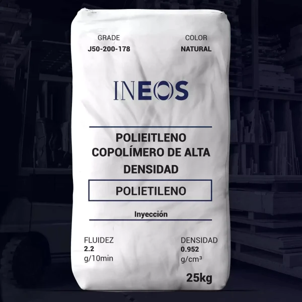Nombre del producto: PE - HDPE - MFI2 - INEOS - J50-200-178 Categoría: Polietileno **Información del producto**: - **Marca**: INEOS - **Tipo de material**: Copolímero de polietileno de alta densidad (HDPE) - **Uso**: Inyección, especialmente para tapones de envasado de bebidas carbonatadas - **Tamaño del paquete**: 25 kg **Propiedades físicas**: - **Fluidez**: 2.2 g/10 min - **Densidad**: 0.952 g/cm³ **Características adicionales**: - Cumple con los requisitos de la FDA (21CFR 177.1520) - Proceso de inyección **Texto visible en la bolsa**: - "GRADE J50-200-178" - "COLOR NATURAL" - "POLIETILENO COPOLÍMERO DE ALTA DENSIDAD" - "POLIETILENO" - "INYECCIÓN" - "25kg" **Detalles de contacto**: - **Teléfono**: +86 021-51131842 - **Correo electrónico**: sales@lookpolymers.com - **Sitio web**: www.lookpolymers.com - **Dirección**: United North Road 215, Fengxian District, Shanghai City, China **Elemento diferenciador**: Material diseñado específicamente para cumplir con normativas alimentarias y su aplicación en envasado.