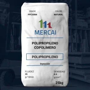 Nombre del producto: PP - COPP - MFI35 - MERCAI - 35RN Categoría: Polipropileno Marca: MERCAI Color: Natural Presentación: Sacos de 25 kg Material: Polipropileno copolímero Propiedades técnicas: - Fluidez (Índice de fluidez): 35 g/10 min - Densidad: 0.9 g/cm³ - Proceso: Moldeo por inyección Aplicaciones: - Usos generales de inyección, ideal para moldeo de recipientes, utensilios, etc. - Contiene un agente nucleante. Notas: - Advertencia sobre variaciones en resultados según métodos utilizados. - La responsabilidad final de la evaluación de aplicación y rendimiento recae en el cliente.