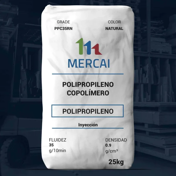 Nombre del producto: PP - COPP - MFI35 - MERCAI - 35RN Categoría: Polipropileno Marca: MERCAI Color: Natural Presentación: Sacos de 25 kg Material: Polipropileno copolímero Propiedades técnicas: - Fluidez (Índice de fluidez): 35 g/10 min - Densidad: 0.9 g/cm³ - Proceso: Moldeo por inyección Aplicaciones: - Usos generales de inyección, ideal para moldeo de recipientes, utensilios, etc. - Contiene un agente nucleante. Notas: - Advertencia sobre variaciones en resultados según métodos utilizados. - La responsabilidad final de la evaluación de aplicación y rendimiento recae en el cliente.