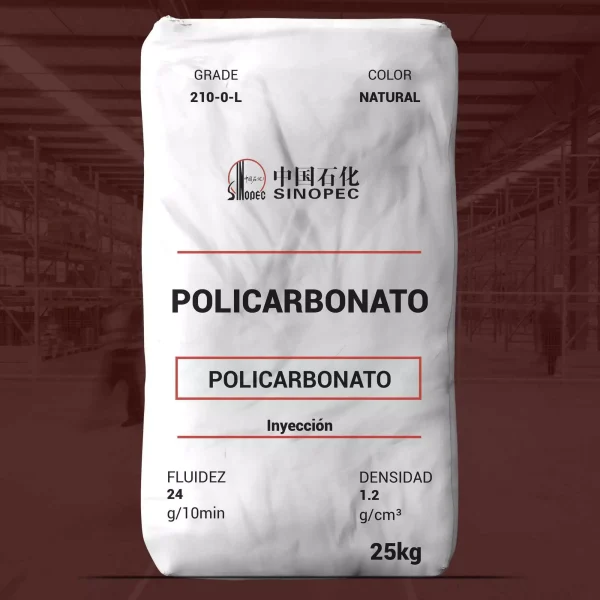 Nombre del producto: PC - MFI24 - SINOPEC - CH210-0-L Categoría: Policarbonato Características del producto: - Material: Policarbonato - Color: Natural - Tamaño: 25 kg - Fluidez: 24 g/10 min - Densidad: 1.2 g/cm³ - Tipo: Inyección Elementos técnicos: - Grado: 210-0-L - Marca: SINOPEC Uso y funcionalidad: - Este policarbonato es adecuado para aplicaciones de inyección, lo que sugiere su uso en la fabricación de piezas moldeadas y aplicaciones industriales.