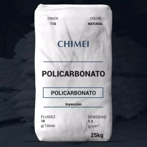 Nombre del producto: PC - MFI10 - WONDERLITE - PC 110 Marca: CHIMEI Categoría: Policarbonato Color: Natural Peso: 25 kg Características técnicas: - Fluidez: 10 g/10 min - Densidad: 1.2 g/cm³ - Uso: Inyección Notas: Este producto es un policarbonato, útil para aplicaciones que requieren una alta resistencia y durabilidad.