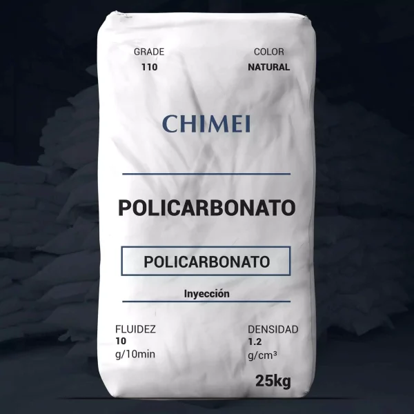 Nombre del producto: PC - MFI10 - WONDERLITE - PC 110 Marca: CHIMEI Categoría: Policarbonato Color: Natural Peso: 25 kg Características técnicas: - Fluidez: 10 g/10 min - Densidad: 1.2 g/cm³ - Uso: Inyección Notas: Este producto es un policarbonato, útil para aplicaciones que requieren una alta resistencia y durabilidad.