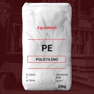 Nombre del producto: PE - MFI1 - EXCEED M 1018.RA - EXXONMOBIL (CON ADITIVOS) Categoría: Polietileno Atributos del producto: - Material: Polietileno - Marca: ExxonMobil - Fluidez: 1 g/10min - Densidad: 0.92 g/cm³ - Tamaño: 25 kg Elementos técnicos y funcionales: - Textura del envase: Plástico resistente - Color: Blanco - Información visible en la etiqueta: - "PE" - "POLIETILENO" - "FLUIDEZ 1 g/10min" - "DENSIDAD 0.92 g/cm³" - Peso del envase: "25kg" No se observan conectores, botones ni detalles de diseño específicos adicionales. La funcionalidad del producto implica su uso en la fabricación y procesamiento de plásticos, típicamente en aplicaciones industriales.