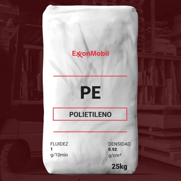Nombre del producto: PE - MFI1 - EXCEED M 1018.RA - EXXONMOBIL (CON ADITIVOS) Categoría: Polietileno Atributos del producto: - Material: Polietileno - Marca: ExxonMobil - Fluidez: 1 g/10min - Densidad: 0.92 g/cm³ - Tamaño: 25 kg Elementos técnicos y funcionales: - Textura del envase: Plástico resistente - Color: Blanco - Información visible en la etiqueta: - "PE" - "POLIETILENO" - "FLUIDEZ 1 g/10min" - "DENSIDAD 0.92 g/cm³" - Peso del envase: "25kg" No se observan conectores, botones ni detalles de diseño específicos adicionales. La funcionalidad del producto implica su uso en la fabricación y procesamiento de plásticos, típicamente en aplicaciones industriales.