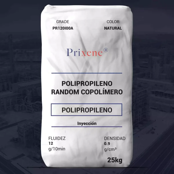 Nombre del producto: PR120I00A Marca: Prixene Categoría: Polipropileno Color: Natural Características físicas y técnicas: - Densidad: 0.900 g/cm³ - Fluidez: 12 g/10 min - Aplicación: Inyección - Tipo de polímero: Polipropileno random copolímero - Propiedades: Buena resistencia al estiramiento, aislante para electricidad estática, alta claridad. - Aditivos: Antiestático y clarificante. Usos comunes: - Envases y embalajes - Empaques rígidos - Tapas Metodología de pruebas: - ASTM D638: Resistencia a la tracción 28.5 MPa, Elongación 13% - ASTM D256A: Impacto Izod 88 J/m - ASTM D790A: Módulo de flexión secante 993 MPa - ASTM D790B: Esfuerzo en el punto de cedencia 1220 MPa - ASTM D648: Temperatura de deflexión bajo carga a 66 psi 76.2 °C Advertencia: Polímero y Materias Primas Internacionales, S.A. de C.V. no se hace responsable del uso del producto. Para dudas o aclaraciones: calidad@polymat.com.mx. Presentación: Bolsa de 25 kg.