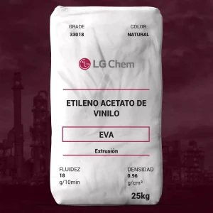 Nombre del producto: EVA - MFI18 - LG - EA33018 Marca: LG Chem Categoría: Etileno Acetato de Vinilo Color: Natural Tamaño: 25 kg **Características del producto:** - **Fluidez (MFI)**: 18 g/10min - **Densidad**: 0.96 g/cm³ **Descripción:** - Aplicación: Adhesivo termofusible - Excelente compatibilidad con otros materiales crudos de HMA - Buenas propiedades organolépticas **Recomendaciones de almacenamiento y manipulación:** - Evitar apilamientos dobles de palets para minimizar carga estática - Mantener la temperatura de almacenamiento y manipulación entre 10 y 25°C - Almacenar en un lugar protegido de temperaturas elevadas que no excedan 35°C - Consumir los resinas siguiendo un orden de primero en entrar, primero en salir **Propiedades del material (EA33018):** - Contenidos de VA: 33% - Resistencia a la tracción: 10 kgf/cm² - Alargamiento en el punto de ruptura: 850% - Dureza (Shore A): 76 - Temperatura de fusión: 62°C **Nota:** Los valores mencionados son típicos y no garantizados. Cada usuario es responsable de verificar la idoneidad del material para su uso final.