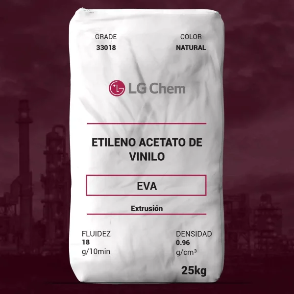 Nombre del producto: EVA - MFI18 - LG - EA33018 Marca: LG Chem Categoría: Etileno Acetato de Vinilo Color: Natural Tamaño: 25 kg **Características del producto:** - **Fluidez (MFI)**: 18 g/10min - **Densidad**: 0.96 g/cm³ **Descripción:** - Aplicación: Adhesivo termofusible - Excelente compatibilidad con otros materiales crudos de HMA - Buenas propiedades organolépticas **Recomendaciones de almacenamiento y manipulación:** - Evitar apilamientos dobles de palets para minimizar carga estática - Mantener la temperatura de almacenamiento y manipulación entre 10 y 25°C - Almacenar en un lugar protegido de temperaturas elevadas que no excedan 35°C - Consumir los resinas siguiendo un orden de primero en entrar, primero en salir **Propiedades del material (EA33018):** - Contenidos de VA: 33% - Resistencia a la tracción: 10 kgf/cm² - Alargamiento en el punto de ruptura: 850% - Dureza (Shore A): 76 - Temperatura de fusión: 62°C **Nota:** Los valores mencionados son típicos y no garantizados. Cada usuario es responsable de verificar la idoneidad del material para su uso final.