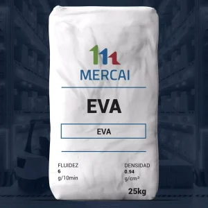 Nombre del producto: EVA - MFI6 - MERCALENE - EVA60280 Categoría: Etileno Acetato de Vinilo Atributos del producto: - Marca: MERCAI - Material: Etileno Acetato de Vinilo (EVA) - Fluidez: 6 g/10min - Densidad: 0.94 g/cm³ - Peso: 25 kg Usos y funcionalidad: - El EVA se utiliza comúnmente en aplicaciones que requieren flexibilidad y resistencia, como en la fabricación de calzado, productos de consumo y materiales de embalaje. Diferenciadores técnicos: - La fluidez y densidad indican propiedades adecuadas para moldeado y aplicación en múltiples industrias. Texto visible en la imagen: - FLUIDEZ: 6 g/10min - DENSIDAD: 0.94 g/cm³ - Peso: 25 kg