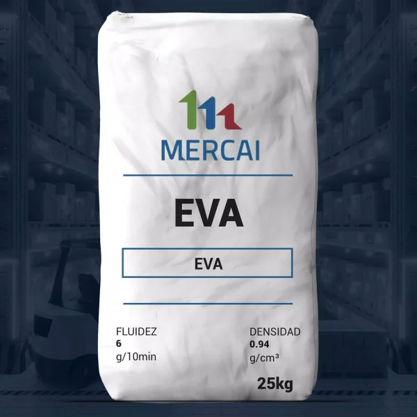 Nombre del producto: EVA - MFI6 - MERCALENE - EVA60280 Categoría: Etileno Acetato de Vinilo Atributos del producto: - Marca: MERCAI - Material: Etileno Acetato de Vinilo (EVA) - Fluidez: 6 g/10min - Densidad: 0.94 g/cm³ - Peso: 25 kg Usos y funcionalidad: - El EVA se utiliza comúnmente en aplicaciones que requieren flexibilidad y resistencia, como en la fabricación de calzado, productos de consumo y materiales de embalaje. Diferenciadores técnicos: - La fluidez y densidad indican propiedades adecuadas para moldeado y aplicación en múltiples industrias. Texto visible en la imagen: - FLUIDEZ: 6 g/10min - DENSIDAD: 0.94 g/cm³ - Peso: 25 kg