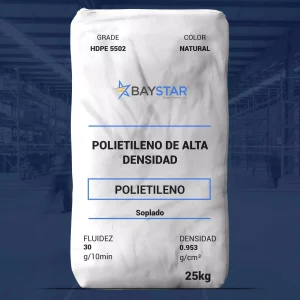 Nombre del producto: PE - HDPE - MFI30 - BAYSTAR - 5502 Categoría: Polietileno Marca: BAYSTAR Grado: HDPE 5502 Color: Natural Características del producto: - Fluidez: 30 g/10 min - Densidad: 0.953 g/cm³ - Tipo: Soplado Aplicaciones: - Contenedores de productos químicos industriales - Parte industrial - Embalaje de alimentos Diferenciadores técnicos: - Excelente resistencia a la hidrofractura - Alta rigidez Comentarios adicionales: Todo el contenido fue desarrollado bajo condiciones de laboratorio y no debe ser considerado como especificaciones. Bay-Pol no se hace responsable de usos incorrectos.