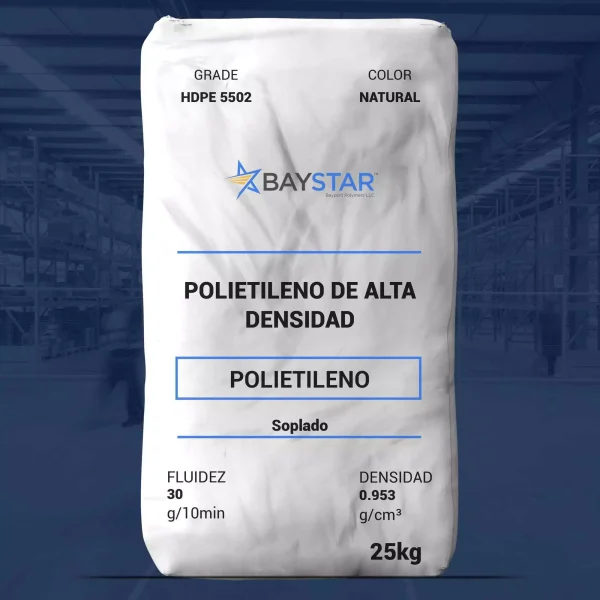 Nombre del producto: PE - HDPE - MFI30 - BAYSTAR - 5502 Categoría: Polietileno Marca: BAYSTAR Grado: HDPE 5502 Color: Natural Características del producto: - Fluidez: 30 g/10 min - Densidad: 0.953 g/cm³ - Tipo: Soplado Aplicaciones: - Contenedores de productos químicos industriales - Parte industrial - Embalaje de alimentos Diferenciadores técnicos: - Excelente resistencia a la hidrofractura - Alta rigidez Comentarios adicionales: Todo el contenido fue desarrollado bajo condiciones de laboratorio y no debe ser considerado como especificaciones. Bay-Pol no se hace responsable de usos incorrectos.