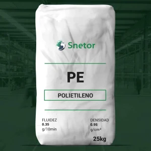 Nombre del producto: PE - HDPE MFI 0.35 - SNETOR - HD-5502 Categoría: Polietileno Atributos del producto: - Material: Polietileno (PE) - Marca: Snetor - Fluidez: 0.35 g/10min - Densidad: 0.95 g/cm³ - Peso: 25 kg Información visual: - Diseño del envase: Bolsa de plástico de color blanco. - Texto visible: "PE", "POLIETILENO", "FLUIDEZ 0.35 g/10min", "DENSIDAD 0.95 g/cm³", "25kg". Diferenciadores: - Tipo de polietileno: HDPE (Polietileno de alta densidad). Usos y funcionalidad: - Generalmente utilizado en aplicaciones que requieren un material con buena resistencia y fluidez.