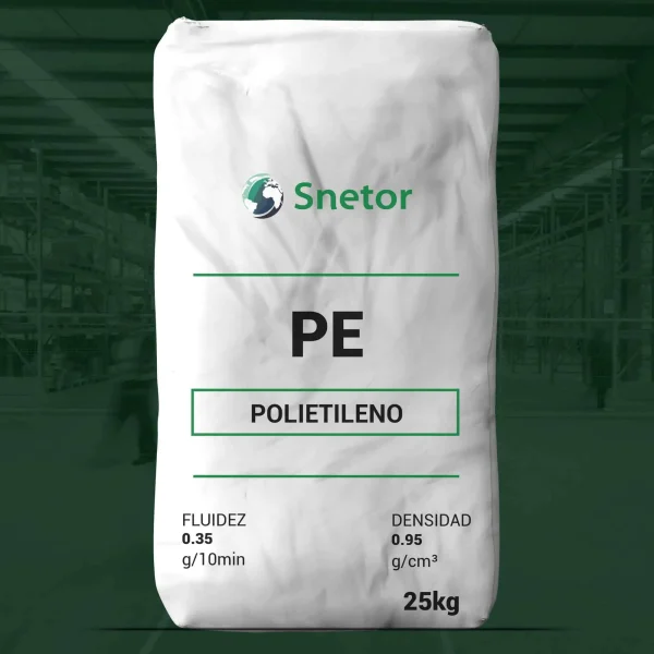 Nombre del producto: PE - HDPE MFI 0.35 - SNETOR - HD-5502 Categoría: Polietileno Atributos del producto: - Material: Polietileno (PE) - Marca: Snetor - Fluidez: 0.35 g/10min - Densidad: 0.95 g/cm³ - Peso: 25 kg Información visual: - Diseño del envase: Bolsa de plástico de color blanco. - Texto visible: "PE", "POLIETILENO", "FLUIDEZ 0.35 g/10min", "DENSIDAD 0.95 g/cm³", "25kg". Diferenciadores: - Tipo de polietileno: HDPE (Polietileno de alta densidad). Usos y funcionalidad: - Generalmente utilizado en aplicaciones que requieren un material con buena resistencia y fluidez.