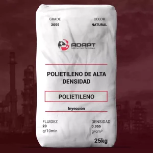Nombre del producto: PE - HDPE - MFI20 - ADAPT - 2055 Categoría: Polietileno Marca: ADAPT Color: Natural Tamaño de presentación: 25 kg **Características del producto:** - Material: Polietileno de alta densidad (HDPE) - Fluidez: 20 g/10 min - Densidad: 0.955 g/cm³ - Aplicación: Inyección **Propiedades mecánicas:** - Módulo de flexión (2% secante): 960 MPa - Impacto Izod (23°C): 28 J/m - Alargamiento a la ruptura (23°C): 9% **Otras propiedades:** - Dureza Shore D: 69 - HDT (66 psi): 71°C **Forma de suministro:** - Entregado en forma de pellets - Unidad de embalaje: Bolsa a granel de 600 kg sobre paleta - Almacenamiento: No almacenar al aire libre; adecuado para zonas secas con control de temperatura **Advertencias:** Los resultados provienen de evaluaciones en laboratorio y pueden variar. La responsabilidad final recae en el cliente para la evaluación de la idoneidad y rendimiento del producto.