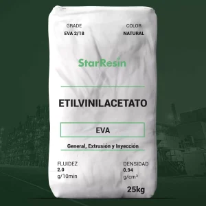 Nombre del producto: EVA - MFI2 - STAR RESIN - EVA 2/18 Categoría: Etileno Acetato de Vinilo Marca: StarResin Color: Natural Tamaño/Capacidad: 25 kg Atributos del producto: - **Fluidez**: 2.0 g/10min - **Densidad**: 0.94 g/cm³ Información sobre el uso: - Aplicaciones: - General - Extrusión - Inyección Características técnico-funcionales: - Tipo de material: Copolímero de etileno y acetato de vinilo - Contenido de acetato de vinilo: 18%