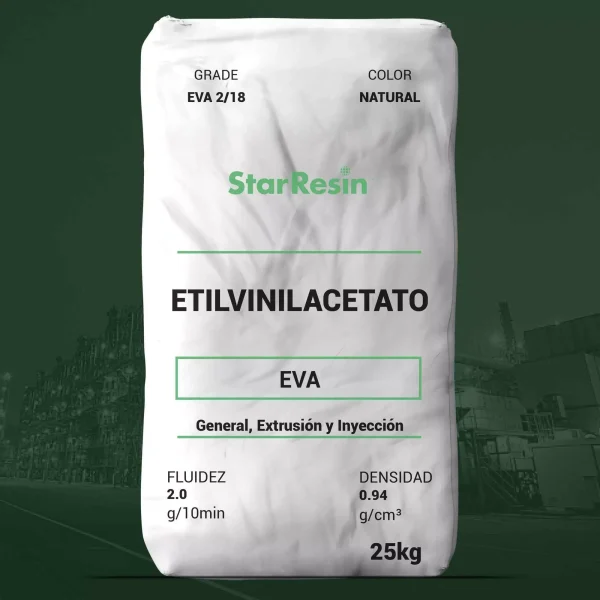 Nombre del producto: EVA - MFI2 - STAR RESIN - EVA 2/18 Categoría: Etileno Acetato de Vinilo Marca: StarResin Color: Natural Tamaño/Capacidad: 25 kg Atributos del producto: - **Fluidez**: 2.0 g/10min - **Densidad**: 0.94 g/cm³ Información sobre el uso: - Aplicaciones: - General - Extrusión - Inyección Características técnico-funcionales: - Tipo de material: Copolímero de etileno y acetato de vinilo - Contenido de acetato de vinilo: 18%