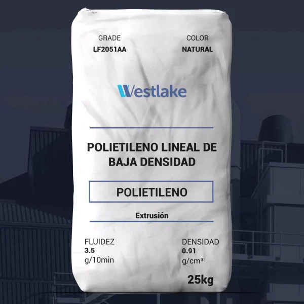 Nombre del producto: PE - LLDPE - MFI3.5 - WESTLAKE - LF2051AA Categoría: Polietileno Características del producto: - Marca: Westlake - Tipo de polietileno: Lineal de baja densidad - Color: Natural - Fluidez: 3.5 g/10 min - Densidad: 0.91 g/cm³ - Capacidad: 25 kg - Uso recomendado: Extrusión Detalles técnicos: - Grado: LF2051AA Funcionalidad: Este producto se utiliza principalmente en procesos de extrusión, con propiedades específicas que facilitan la manipulación y formación de productos de plástico. No se identifican componentes adicionales, conectores o botones visibles.