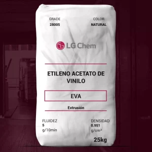 Nombre del producto: EVA - MFI5 - LG - ES28005 Marca: LG Chem Categoría: Etileno Acetato de Vinilo Color: Natural Peso: 25 kg Fluidez: 5 g/10min Densidad: 0.951 g/cm³ Uso: Extrusión Características técnicas: - Contenido de VA: 28% - Resistencia a la tracción: 13.5 Mpa - Alargamiento a la ruptura: 800% - Dureza (Shore A): 79 - Punto de ablandamiento Vicat: 46 °C - Temperatura de fusión: 72 °C Recomendaciones de almacenamiento: - Temperatura de almacenamiento: 10 ~ 25 °C - Evitar temperatura superior a 35 °C - Consumir resinas en un sistema de primero en entrar, primero en salir Aplicaciones: - Compuesto espumoso - Procesamiento en equipos convencionales Diferenciadores: - Control estricto de contaminantes - Excelentes propiedades mecánicas Información adicional: - Proporcionado en forma de pellets libremente fluyentes. - Asegurar almacenamiento adecuado para evitar bloqueos.