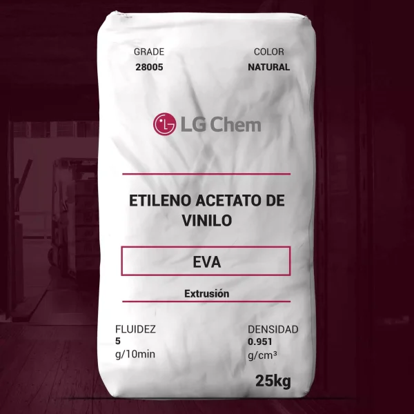 Nombre del producto: EVA - MFI5 - LG - ES28005 Marca: LG Chem Categoría: Etileno Acetato de Vinilo Color: Natural Peso: 25 kg Fluidez: 5 g/10min Densidad: 0.951 g/cm³ Uso: Extrusión Características técnicas: - Contenido de VA: 28% - Resistencia a la tracción: 13.5 Mpa - Alargamiento a la ruptura: 800% - Dureza (Shore A): 79 - Punto de ablandamiento Vicat: 46 °C - Temperatura de fusión: 72 °C Recomendaciones de almacenamiento: - Temperatura de almacenamiento: 10 ~ 25 °C - Evitar temperatura superior a 35 °C - Consumir resinas en un sistema de primero en entrar, primero en salir Aplicaciones: - Compuesto espumoso - Procesamiento en equipos convencionales Diferenciadores: - Control estricto de contaminantes - Excelentes propiedades mecánicas Información adicional: - Proporcionado en forma de pellets libremente fluyentes. - Asegurar almacenamiento adecuado para evitar bloqueos.