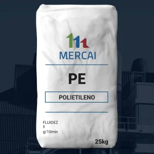 Nombre del producto: PE - LLDPE - MFI1-3 - MERCAI Categoría: Polietileno Marca: MERCAI Peso: 25 kg Fluidez: 1 g/10min Material: Polietileno (PE) Diferenciadores: Densidad y fluidez específicas para aplicaciones industriales. Uso: Ideal para fabricación de productos que requieren polietileno de baja densidad con características específicas de fluidez. No se observan más componentes o detalles visuales adicionales en la imagen.