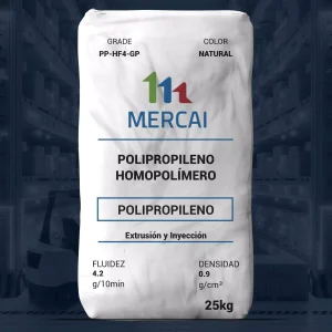Nombre del producto: PP-HF4-GP Marca: MERCAI Categoría: Polipropileno Descripción física: - Color: Natural - Presentación: Bolsa de 25 kg Valores técnicos: - Fluidez (Melt Mass-Flow Rate): 4.2 g/10 min - Densidad: 0.9 g/cm³ Método de procesamiento: - Extrusión - Inyección Usos: - Rafia - Hilos, cordeles y cuerdas - Monofilamentos - Compuestos Recomendaciones de almacenamiento: El producto debe almacenarse en un lugar seco y ventilado, a temperatura ambiente. Advertencia: No debe usarse ni probarse en aplicaciones médicas sin el reconocimiento previo y por escrito del fabricante. Notas: Las propiedades típicas no deben interpretarse como especificaciones.
