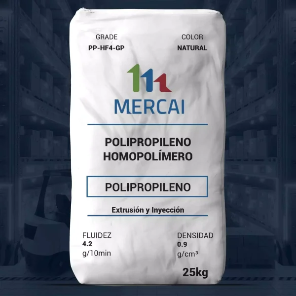 Nombre del producto: PP-HF4-GP Marca: MERCAI Categoría: Polipropileno Descripción física: - Color: Natural - Presentación: Bolsa de 25 kg Valores técnicos: - Fluidez (Melt Mass-Flow Rate): 4.2 g/10 min - Densidad: 0.9 g/cm³ Método de procesamiento: - Extrusión - Inyección Usos: - Rafia - Hilos, cordeles y cuerdas - Monofilamentos - Compuestos Recomendaciones de almacenamiento: El producto debe almacenarse en un lugar seco y ventilado, a temperatura ambiente. Advertencia: No debe usarse ni probarse en aplicaciones médicas sin el reconocimiento previo y por escrito del fabricante. Notas: Las propiedades típicas no deben interpretarse como especificaciones.
