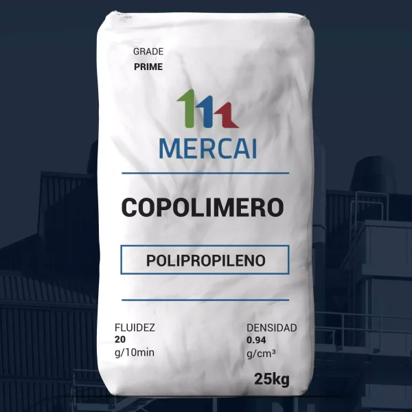 Nombre del producto: PP - COPP - MFI20 - MERCAI - POLIPROPILENO COPOLIMERO PRIME Categoría: Polipropileno Atributos del producto: - Material: Polipropileno copolimero - Color: Blanco (en el embalaje) - Tamaño: 25 kg - Densidad: 0.94 g/cm³ - Fluidez: 20 g/10min - Marca: MERCAI Detalles técnicos: - Tipo de producto: Grado PRIME - Información visible en el etiquetado: "COPOLIMERO POLIPROPILENO" Uso y funcionalidad: - Este material se utiliza comúnmente en aplicaciones industriales y de fabricación debido a sus propiedades mecánicas y de fluidez. Diferenciadores: - Grado PRIME sugiere una calidad superior en comparación con otros grados de polipropileno.