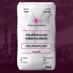 Nombre del producto: PP - HOPP - MFI20 - FORMOSA - 4100P Marca: Formosa Plastics Categoría: Polipropileno Características del producto: - Material: Polipropileno homopolímero - Color: Natural - Tamaño: 25 kg - Fluidez: 20 g/10 min (melt flow rate) - Densidad: 0.9 g/cm³ Detalles técnicos: - Aplicación: Inyección - Proceso: Adecuado para moldeado por inyección general, incluyendo tapas, pequeños electrodomésticos, artículos para el hogar y juguetes. - Cumple con las regulaciones de la FDA para contacto con alimentos. - Libre de contenido de origen animal. Propiedades típicas: - Resistencia a la tracción: 5,100 psi (35 MPa) - Alargamiento al romper: 9% - Módulo de flexión: 200,000 psi (1371 MPa) - Dureza Rockwell: 105 R Scale - Resistencia al impacto Izod notched a 73°F: 0.4 ft-lb/in (21 J/m) - Temperatura de deformación por calor @ 66 psi: 212 °F (100 °C) Transcripción de texto visible: - POLIPROPILENO HOMOPOLÍMERO - POLIPROPILENO - INYECCIÓN - FLUIDEZ: 20 g/10 min - DENSIDAD: 0.9 g/cm³ - 25 kg