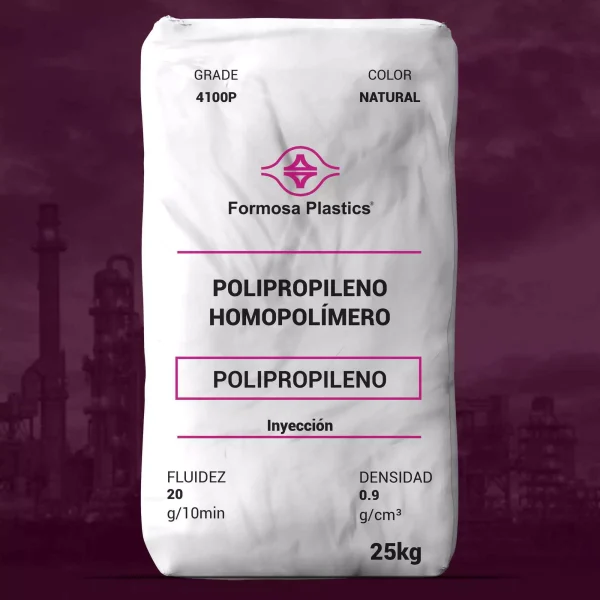 Nombre del producto: PP - HOPP - MFI20 - FORMOSA - 4100P Marca: Formosa Plastics Categoría: Polipropileno Características del producto: - Material: Polipropileno homopolímero - Color: Natural - Tamaño: 25 kg - Fluidez: 20 g/10 min (melt flow rate) - Densidad: 0.9 g/cm³ Detalles técnicos: - Aplicación: Inyección - Proceso: Adecuado para moldeado por inyección general, incluyendo tapas, pequeños electrodomésticos, artículos para el hogar y juguetes. - Cumple con las regulaciones de la FDA para contacto con alimentos. - Libre de contenido de origen animal. Propiedades típicas: - Resistencia a la tracción: 5,100 psi (35 MPa) - Alargamiento al romper: 9% - Módulo de flexión: 200,000 psi (1371 MPa) - Dureza Rockwell: 105 R Scale - Resistencia al impacto Izod notched a 73°F: 0.4 ft-lb/in (21 J/m) - Temperatura de deformación por calor @ 66 psi: 212 °F (100 °C) Transcripción de texto visible: - POLIPROPILENO HOMOPOLÍMERO - POLIPROPILENO - INYECCIÓN - FLUIDEZ: 20 g/10 min - DENSIDAD: 0.9 g/cm³ - 25 kg