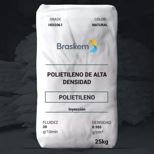 Nombre del producto: PE - HDPE - MFI20 - BRASKEM - HDI2061 Categoría: Polietileno Marca: Braskem Color: Natural Tamaño: 25 kg Propiedades Físicas: - Fluidez: 20 g/10 min - Densidad: 0.955 g/cm³ Aplicaciones: - Artículos de pared media a delgada - Juguetes - Tapas largas - Contenedores para el hogar - Tapas Procesos: - Moldeo por inyección Características Técnicas: - Cumple con ANSI/NSF estándar 61 y 51 - Buena procesabilidad y rigidez - Bassa tendencia a deformación Notas: - Leer la hoja de datos de seguridad antes de su uso. - No recomendado para fabricación de envases que estén en contacto con soluciones parenterales. - Para más información sobre datos regulatorios, contactar a Braskem IDESA.