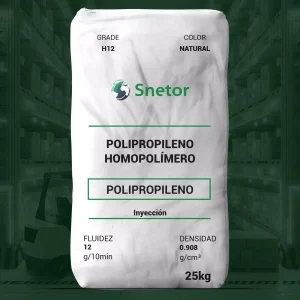 Nombre del producto: PP - HOPP - MFI12 - SNETOR - H12-IM Categoría: Polipropileno Marca: Snetor Color: Natural Tamaño: 25 kg Material: Polipropileno Homopolímero Funcionalidad: Inyección Fluidez: 12 g/10 min Densidad: 0.908 g/cm³ Características destacadas: - Excelente estabilidad de color y procesamiento - Buenas características de flujo - Excelentes propiedades organolépticas Uso: Molienda para aplicaciones generales como muebles de resina, cierres y productos de consumo. Texto visible: - POLIPROPILENO HOMOPOLÍMERO - FLUIDEZ 12 g/10min - DENSIDAD 0.908 g/cm³ - Inyección - 25 kg