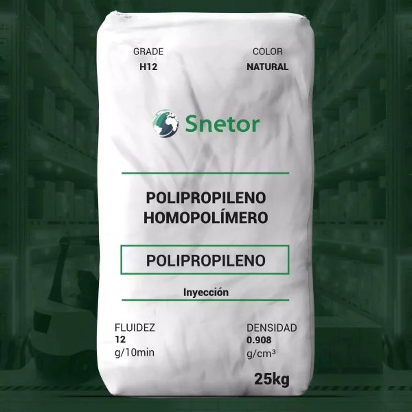 Nombre del producto: PP - HOPP - MFI12 - SNETOR - H12-IM Categoría: Polipropileno Marca: Snetor Color: Natural Tamaño: 25 kg Material: Polipropileno Homopolímero Funcionalidad: Inyección Fluidez: 12 g/10 min Densidad: 0.908 g/cm³ Características destacadas: - Excelente estabilidad de color y procesamiento - Buenas características de flujo - Excelentes propiedades organolépticas Uso: Molienda para aplicaciones generales como muebles de resina, cierres y productos de consumo. Texto visible: - POLIPROPILENO HOMOPOLÍMERO - FLUIDEZ 12 g/10min - DENSIDAD 0.908 g/cm³ - Inyección - 25 kg