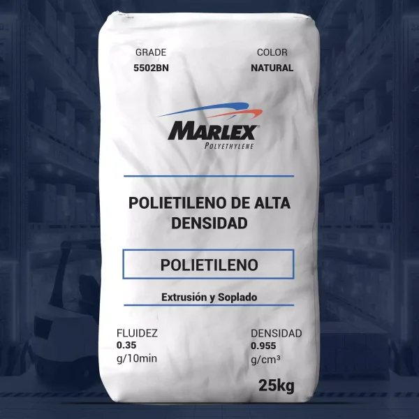 Nombre del producto: Marlex® HHM 5502BN Categoría: Polietileno Marca: Marlex Características del producto: - Material: Polietileno de alta densidad (HDPE) - Color: Natural - Tamaño: 25 kg Propiedades técnicas: - Fluidez: 0.35 g/10 min - Densidad: 0.955 g/cm³ Funciones y aplicaciones: - Adecuado para la fabricación de contenedores moldeados por soplado. - Aplicaciones típicas incluyen: - Coolers y hieleras - Contenedores para productos químicos (domésticos e industriales) - Empaques para alimentos - Productos farmacéuticos Especificaciones: - ASTM D4976 - PE 235 - FDA 21 CFR 177.1520(c) 3.2a - Listado en el Drug Master File Propiedades mecánicas (nominales): - Resistencia a la tracción: 4,000 psi (27 MPa) - Alargamiento al rompimiento: 600% - Módulo de flexión: 200,000 psi (1,370 MPa) - Temperatura de fragilidad: < -103 °F (< -75 °C) Consideraciones: - Se recomienda realizar una evaluación sobre seguridad y aplicabilidad para usos específicos. Esta información resalta las características y especificaciones necesarias para la identificación y comprensión del producto en un contexto de comercio electrónico.