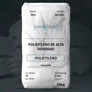 Nombre del producto: PE - HDPE - MFI20 - LYONDELLBASELL - H5520 Marca: LyondellBasell Categoría: Polietileno Color: Natural Grado: 5520 Capacidad: 25 kg Características físicas: - Fluidez: 20 g/10 min - Densidad: 0.955 g/cm³ Método de procesamiento: - Inyección Aplicaciones: - Fabricación de productos de plástico, incluyendo tapas, envases y artículos de uso doméstico. Estado comercial: - Activo Nota: El producto se utiliza para aplicaciones que requieren polietileno de alta densidad, presentando buenas características de procesamiento y estabilidad de las partes moldeadas.